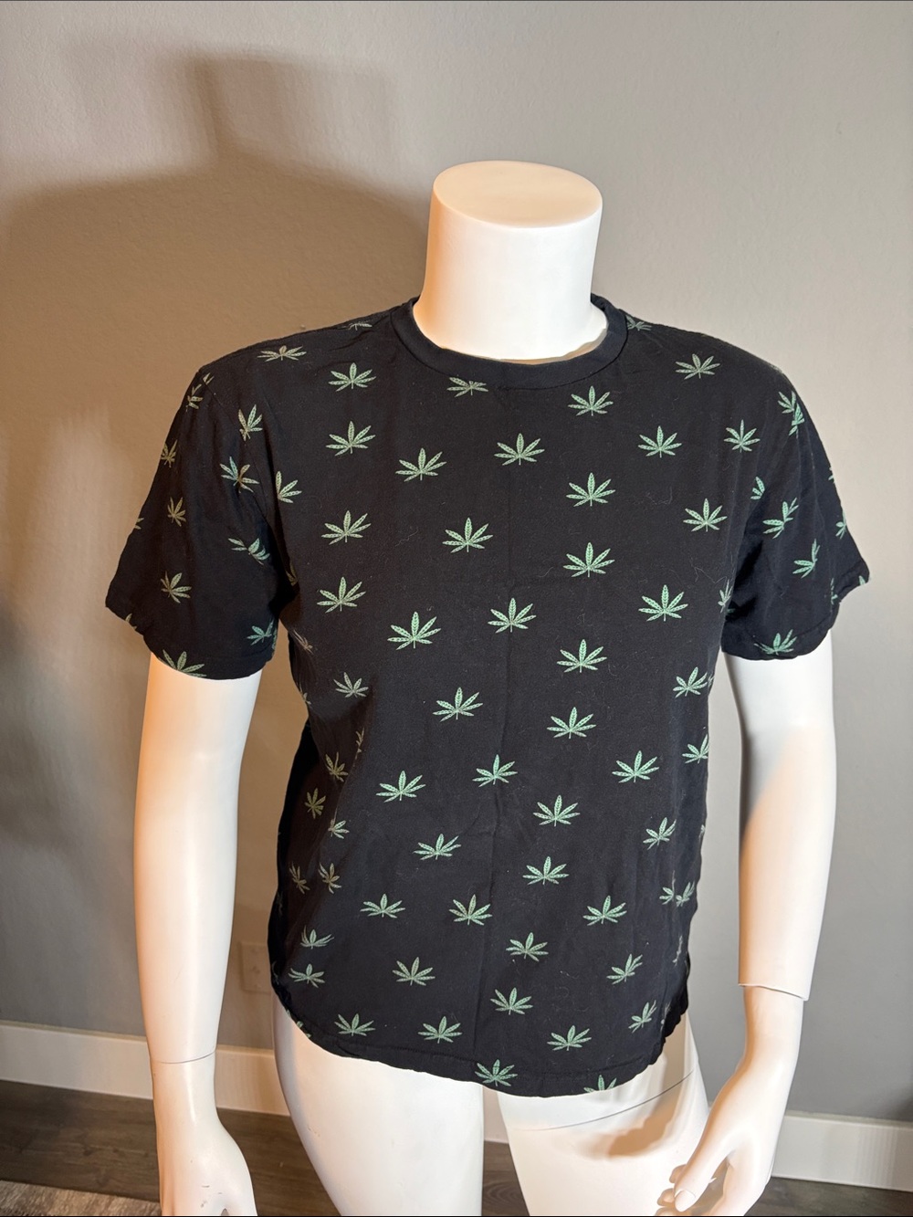 Eighty Eight Black Short-Sleeve Tee with Green Leaf Print